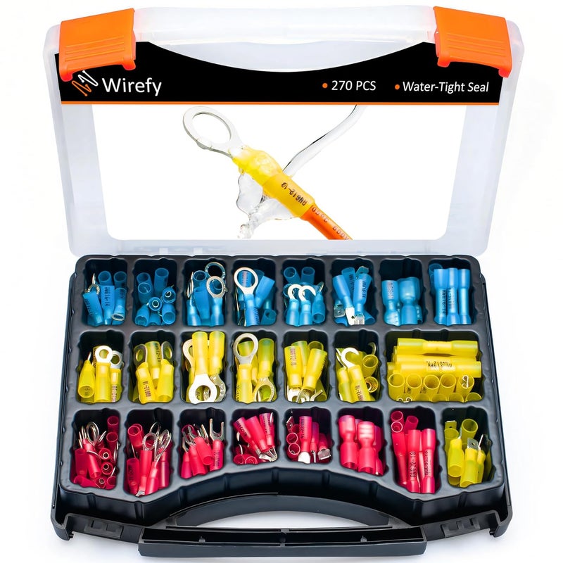 Wirefy Heat Shrink Wire Connectors Kit - Marine Grade Electrical Connectors - Automotive Butt Connectors - Insulated Ring, Spade, Fork, Hook Crimp Terminals - 22-10 Gauge - 270 PCS - Image 1